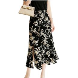 Skirts Retro high waisted large-sized A-line skiing office womens fashionable pleated printed long leather womens elegant chiffon skiingL2405
