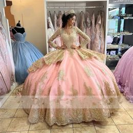 Elegant Long Sleeve Pink Quinceanera Dresses Light Gold Sequin Appliques Ball Gown Birthday Gown Sparkly Lace-Up Sweet 16