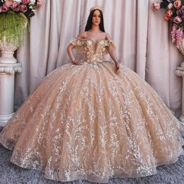 Champagne Off-Shoulder Shiny Quinceanera Dresses Ball Gown Classic Applique Lace Beads Tull Sweet 16 Dress Vestidos De 15 Anos