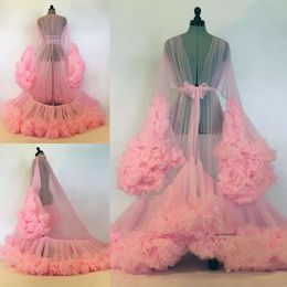 Evening Dresses Robe Illusion Tiered Ruffles Pink Photoshoot Babyshower Bathrobe Maternity Kimono Party Birthday Dress 0508