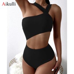 Suits 2023 Sexy One Shoulder One Piece Swimsuit Women Solid High Waist Cut Out Swimwear Woman Beachwear Monokini Bodysuit Bathing Suit