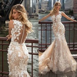 Apliques florais de renda Vestidos de sereia 3D glamourosa vestido de noiva vestido de noiva vintage plus size vestido de quadra zíper de praia vestidos de noiva s