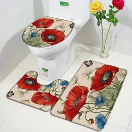 Red Floral Bath Mat Set Butterfly Poppy Blue Flowers Plant Home Carpet Bathroom Decor Flannel Rugs Ushaped Pad Toilet Lid Cover 240508