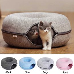 Cat Beds Furniture Cat tunnel interactive game toy donut cat bed dual-purpose ferret rabbit bed tunnel indoor toy felt cat house kitten training d240508