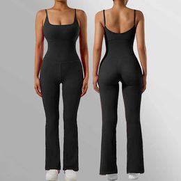 Women's Jumpsuits Rompers Sleless Bodysuit Women Bodycon One-piece Outfit Square Neck Casual Streetwear Playsuits Rompers Overalls Flare Pants Playsuit d240507