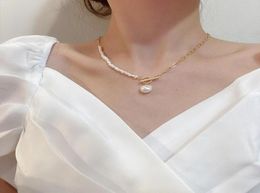 Chokers Elegant Natural Freshwater Pearl Necklace For Women Gold Chunky Link Chain Asymmetry Toggle Clasp Circle1278491