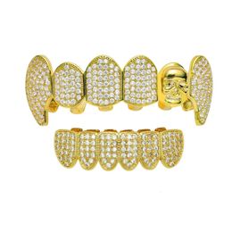 Hip Hop Iced Bling Zircon Skull Head Teeth Grills Gold Plated Body Piercing Jewellery CZ Tooth 8/8 Top Bottom Party 240504