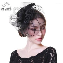 Stingy Brim Hats WELROG Fascinators Hat Women Flower Mesh Ribbons Feathers Fedoras Headband Or A Clip Cocktail Party Headwewar For1482905