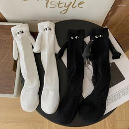 Women Socks 1 Pairs Club Celebrity Couple Ins Fashion Funny Creative Magnetic Attraction Hands Black White Cartoon Eyes Couples