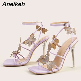 2024 Sexy Crystal Butterfly Torthle Buckle Strap Heels High Sandals Gladiator Women Party Shoe Fashion Square Apen Toe