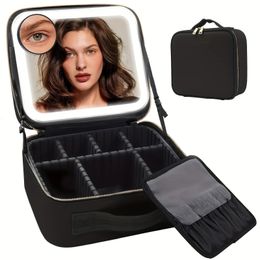 Travel Makeup Bag with Mirror of LED Lighted with Adjustable Dividers with Detachable 10x Magnifying Mirror 240504