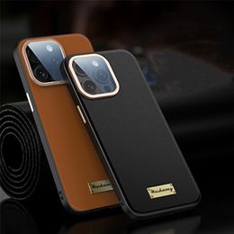 Genuine Cowhide Leather Glass Film Case for iPhone 13 14 15 Pro Max Business Full Cover