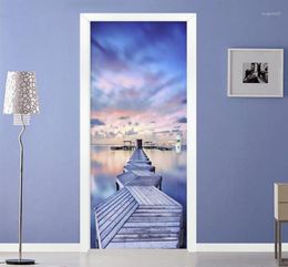 Modern 3D Blue Sky Sea View Wood Bridge Door Sticker Living Room Bedroom Creative Po Wall Mural Waterproof Wallpaper 3D15358473