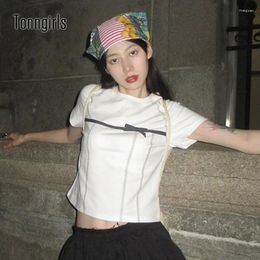 Women's T Shirts Tonngirls Y2k Vintage Cotton Shirt Women Streetwear Korean Fashion Summer Tops Short Sleeve Bow Bright Line Grunge Tees