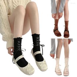 Women Socks Breathable Cable Knitted Cotton Ruffle Trim Frilly For Tie Up Bandages Bowknot Middle Tube