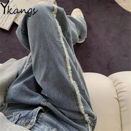 Women's Jeans Big Size Side Stitching Tassel Vintage Straight Loose 5xl Women Wide Leg Denim Pants Blue High Waist Oversized Trousers