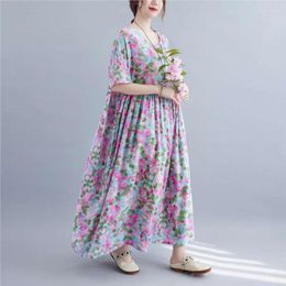 Party Dresses Johnature Women Summer Dress O-Neck Short Sleeve Loose Robes Vintage Clothes 2024 Purple Print Floral ZZ8851