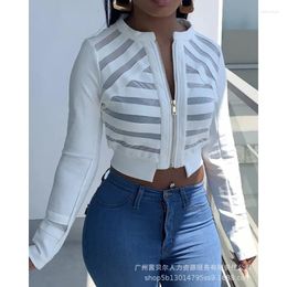 Women's Jackets Wepbel Short Women Fashion White Striped Mesh Stitching Coat Outwear Sheer Zip Front Long Sleeve Crop Jacket