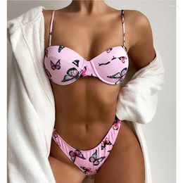 Women's Swimwear Trend Butterfly Pattern Bikini Push Up Swimsuit Padded Two Piece Women Pink Beach Wear Bathing Thong Bikinis Set Outfit