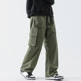 Men's Pants Ergonomic Design Trousers Elastic Drawstring Cargo With Pockets Solid Color Straight Wide Leg For Streetwear