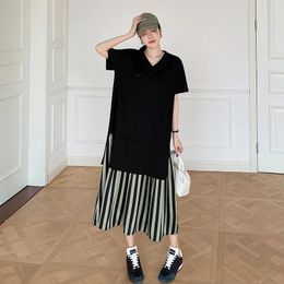 Party Dresses 2024 Summer Women's Loose Plus Size Lady T-Shirt Dress Vestidos Patchwork Striped V-Neck Female Robe Clothing KE6044