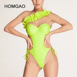 Women's Swimwear HOMGAO Ruffled One Piece Swimsuit Push Up Cut Out Sexy Thong Brazilian Bathing Suits Monokini 2024 Beach Wear