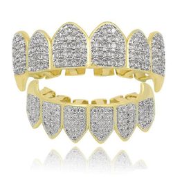 Hip Hop Iced Out CZ Mouth Teeth Grillz Caps Top Bottom Grill Set Men Women Vampire Grills Jewelry Gifts2737297