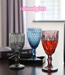 Whole 240ml 300ml 4 Colours European type relief Coloured glass wine glasses thickened tall vintage wine ware Z118767526
