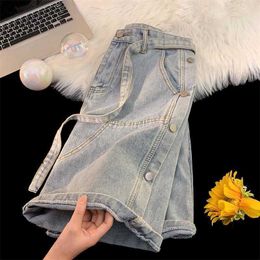 Men's Shorts Vibe style high waisted buttoned denim shorts mens trendy design belt street hip-hop casual summer capris H240508