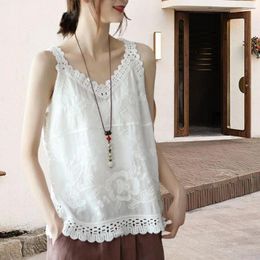 Women's Tanks Women Cotton T-shirt Linen Suspenders Blouse Stylish Summer Tank Tops V-neck Sleeveless Blouses With Embroidery For A