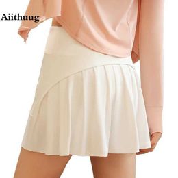 Skirts Aiithuug Skirt Fake Two Pieces Tennis Skirt Soft Elastic Shorts Workout Sports Athletic Skorts Back Front Two Design Y240508
