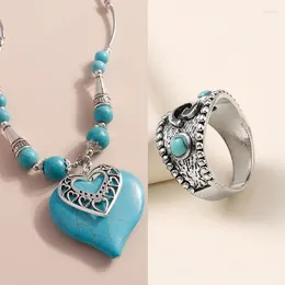 Necklace Earrings Set 2 Pcs Heart Semi-Precious Pendant Ring Women Halllow Out Turquoise Beads Silver Ox Colour Bohemia