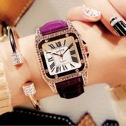 Vintage Female Watch Rhinestone Fashion Student Quartz Watches Real Leather Belt Square Diamond Inset Mineral Glass Womens Wristwatches 2695