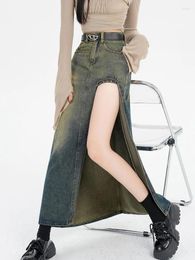 Skirts Women's Blue A-line Long Skirt Vintage Y2k Harajuku Korean Streetwear Fashion Elegant 2000s Clothes Summer