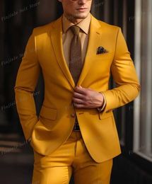 Men's Suits Blazers Dark yellow mens business suit grooms dress wedding party formal occasion 2-piece jacket and pants set Q240507