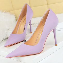 Dress Shoes Women 10cm High Heels Satin Silk Stiletto Fashion Pumps Lady Wedding Bridal Escarpin Catwalk Green Purple Peach Prom