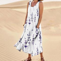 Casual Dresses Women's Summer Cotton And Round Neck Sleeveless Pocket Retro Floral Breathable Dress Long Clothes