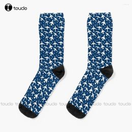 Women Socks Blue And White Aeroplanes Silhouette Pattern Red Personalised Custom Unisex Adult Teen Youth Fashion