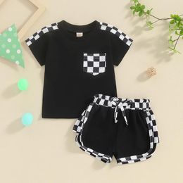 Clothing Sets Infant Baby Boy Girl Clothes Spring Summer Outfits Checkerboard Pocket T-shirt Jogger Elastic Waist Shorts Set