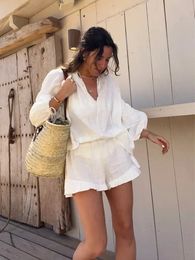Womens Solid Cotton Linen Ruffle Shorts Suit Vneck Long Sleeve Drawstring Loose 2 Pieces Set 2024 Fashion Casual Beach Suits 240429