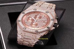 Iced Out Luxury Full DIAMONDs Rose Gold Watch Men Stainless Steel Jananese Quartz Chronograph Watches Diamond WristWatches2024045