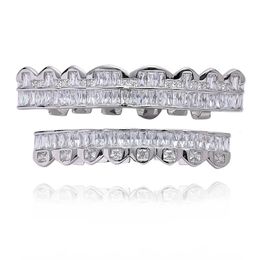 Hip Hop Iced Bling Baguette Zircon Teeth Grills for Women Men Body Piercing Jewellery Hollown Rapper Tooth 8 Top 8 Bottom 240504