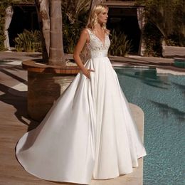 De a-line elegant V-ringning noiva boho vestido satin spetsar applikationer plus size bröllop klänning brudklänningar