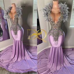 Grey Feathers Shoulder Lavender Prom Dress For Blackgirls 2024 Silver Rhinestones Tassel Birthday Party Dresses African Vestidos