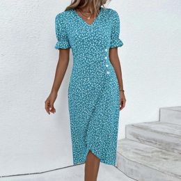 Casual Dresses Women's Summer Dress V Neck A-line Boho Ditsy Floral Flounce Sleeve Wrap Hem Elegant For Women 2024