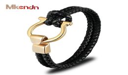 High Quality Men Jewellery Punk Black Braided Geunine Leather Bracelet Stainless Steel Anchor Buckle Fashion Bangles Charm Bracelets1812434