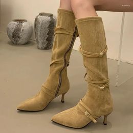 Boots Cow Suede Knee-high Modern 2024 Slender Heel Shoes Female Winter Zipper Pointed Toe Solid Women's Large Size