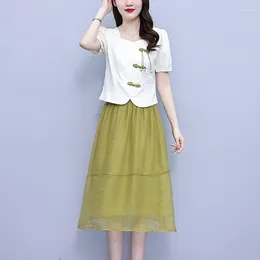Work Dresses Summer Two-piece Set For Women Single-breasted Blouse Tops And Skirt Female Large Size Casual Chinese Style Vintage Suits