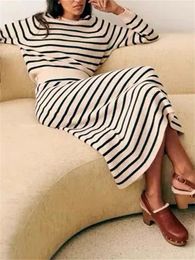 Work Dresses Women Rib Stripes Knit Suit Cuffs Buttons O-neck Sweater Pullover Or Elastic Waist A-line Midi Skirt Female Knitted Set