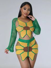 Work Dresses WUHE Beach Holiday Knit Crochet Sunflower Women Two 2 Piece Set Outfits Crop Top And Midi Mini Skirt Suit 2024 Sexy Dress